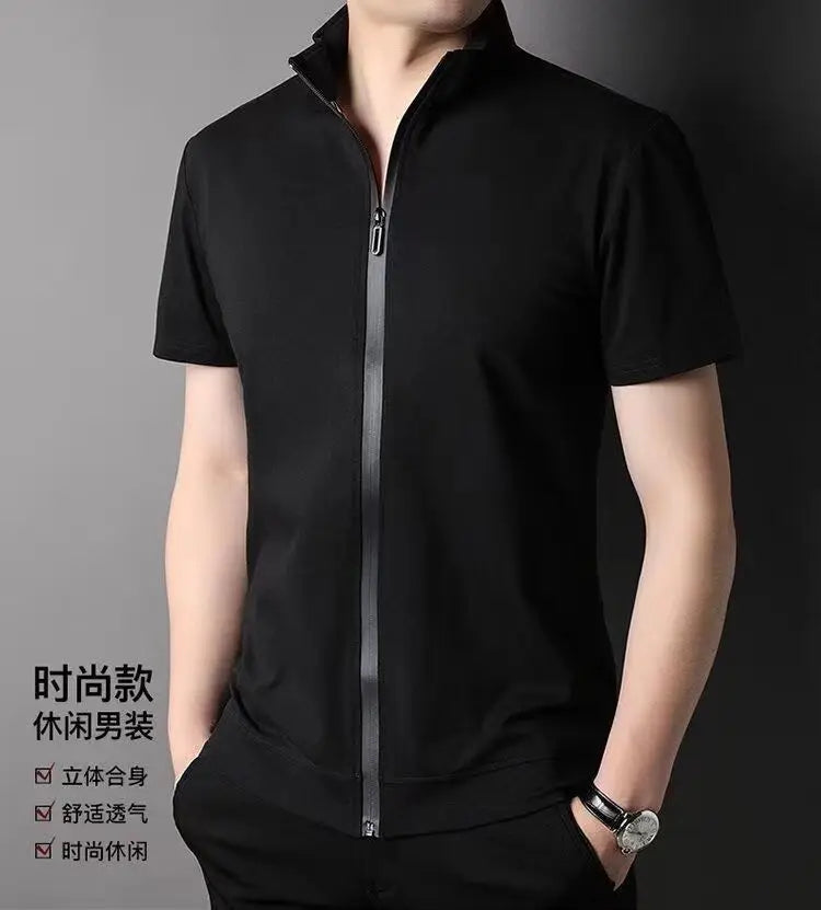 2023 Men Summer Trend Stand Collar Zipper Cardigan Shirts Solid Short Sleeve Comfortable Business Casual Top Ropa Hombre Camisas