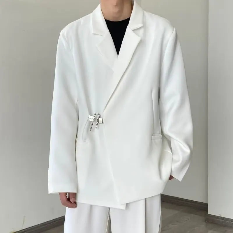 2026 Men's Korean Style Spring Casual Suit Jacekt Metal Buckle Male Loose  Male Solid Color Blazers Harajuku Long Sleeve Coats