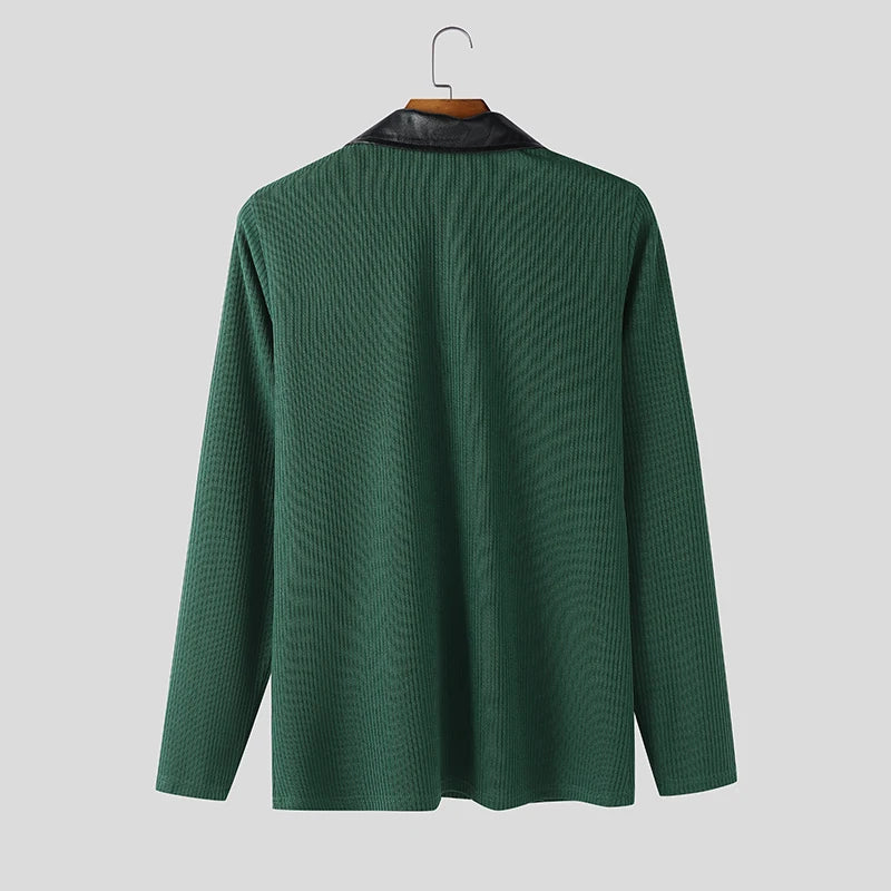 INCERUN Men Pullovers Patchwork Lapel Long Sleeve Knitted Male Sweaters Streetwear Spring Fashion Casual Thin Tops Men S-5XL