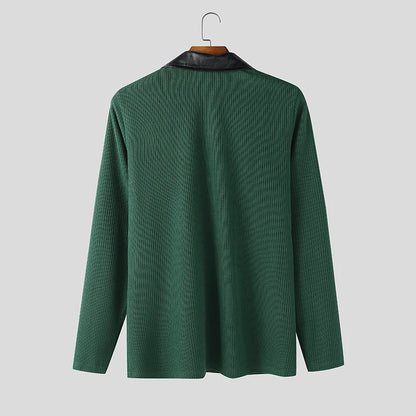 INCERUN Men Pullovers Patchwork Lapel Long Sleeve Knitted Male Sweaters Streetwear Spring Fashion Casual Thin Tops Men S-5XL