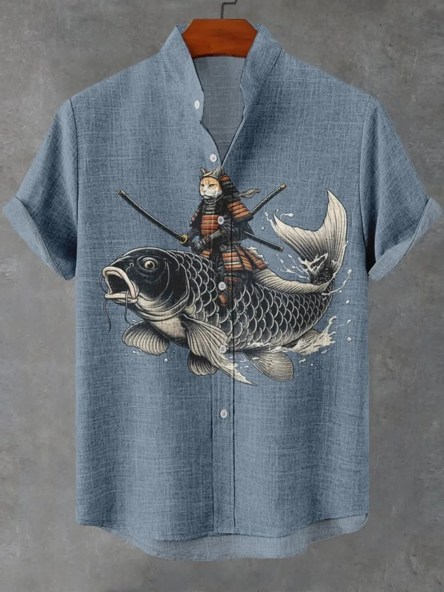 New cartoon cat-themed short-sleeved shirt, summer retro men's art print shirt, casual vacation streetwear