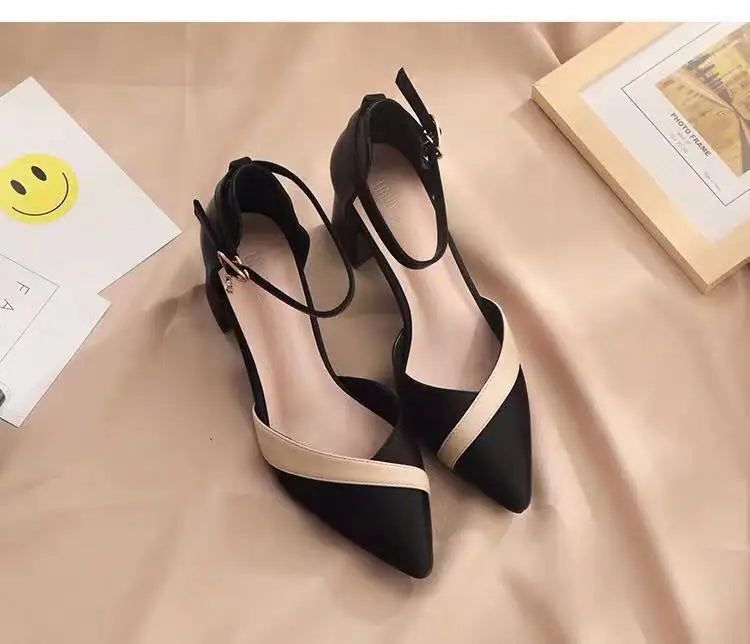 Women's Classic Beige Square Heel Pointed Shoes for Party Ladies Spring Summer Black Buckle PU Leather Profession Pumps