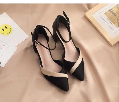 Women's Classic Beige Square Heel Pointed Shoes for Party Ladies Spring Summer Black Buckle PU Leather Profession Pumps