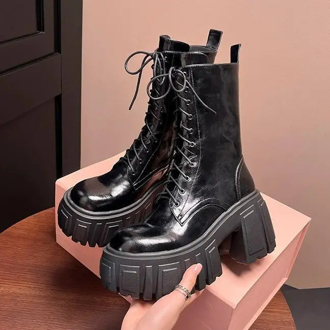 Fashion Platform Mid-calf Boots Black Thick High Heel Punk Short Boots Goth Style Cool Girl Spring Autumn Street Women's Shoes