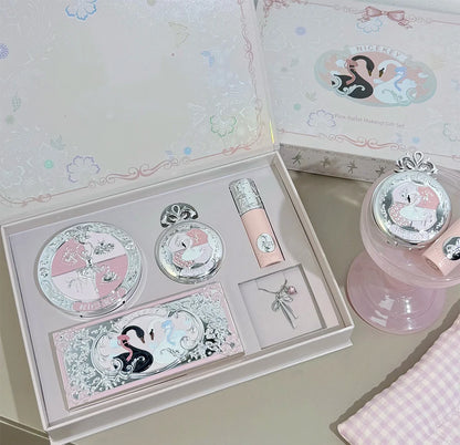 NICEKEY Pink Ballet Makeup Box Include 1*Lip mud,1*Pressed Powder,1*Highlight Powder,1*Eyeshadow Palette Powder With Necklace
