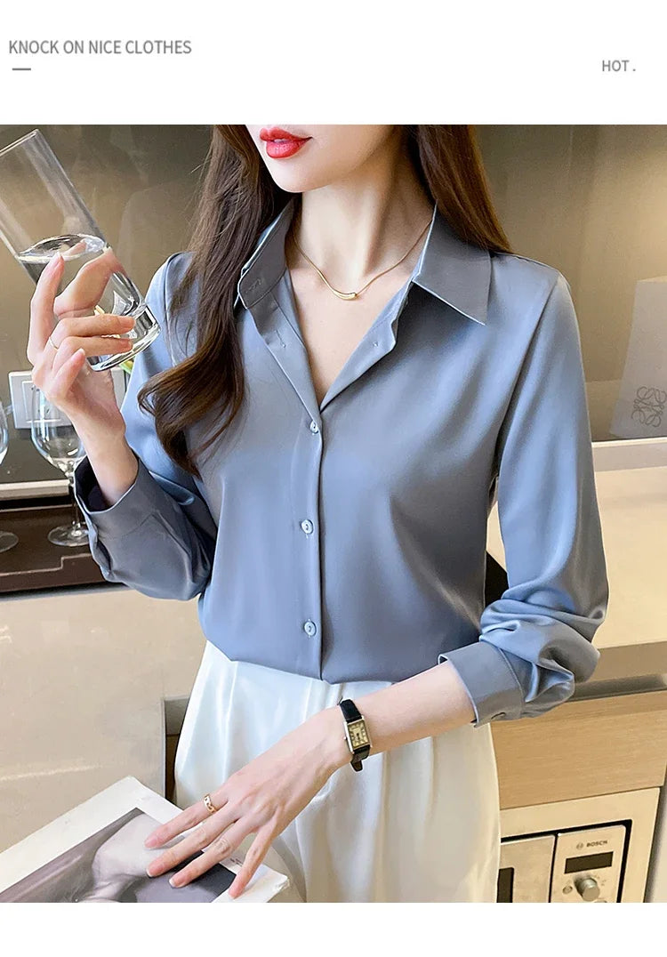 Fashion elegant satin shirts solid color ladies shirts causal Women's Blouses Spring Long Sleeve Shirts Tops Blusas Mujer