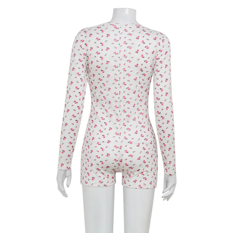 Y2K women's clothing, printed, color block, V-neck, buttons, high waist, slim fit, home wear, long sleeved jumpsuit with spots