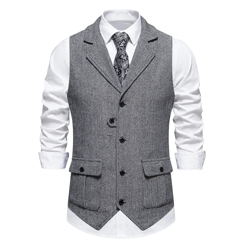 New Men's Retro Lapel Vest Herringbone Coarse Tweed Pockets Suit Vest British Casual Vintage Gentleman Leisure Party Bar Banquet