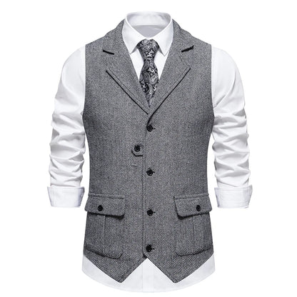 New Men's Retro Lapel Vest Herringbone Coarse Tweed Pockets Suit Vest British Casual Vintage Gentleman Leisure Party Bar Banquet