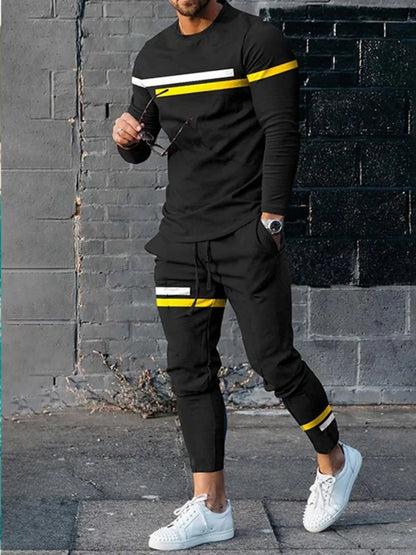 New men's striped printed breathable and comfortable round neck T-shirt and pants set for summer outdoor leisure