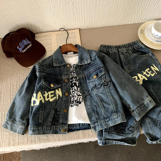 Boys Denim  Set 2025 Autumn Spring Korean Style Kids Clothes Fashion Trendy Letter Print Denim Jacket Jeans Two Piece Set