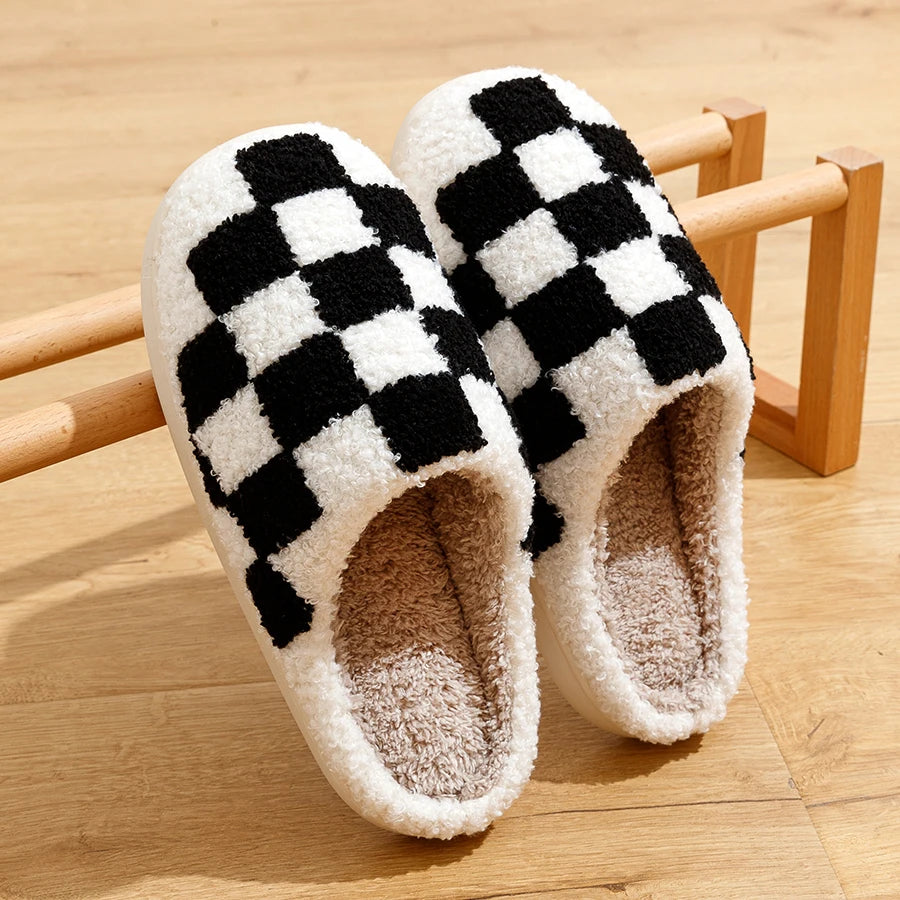 Slippers Classic Checkerboard Embroidered Pattern Women's Winter Indoor Soft Sole Warm Comfy Leisure Bedroom Fuzzy Home Shoes