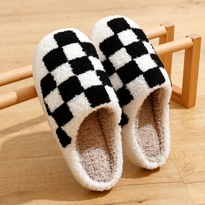 Slippers Classic Checkerboard Embroidered Pattern Women's Winter Indoor Soft Sole Warm Comfy Leisure Bedroom Fuzzy Home Shoes