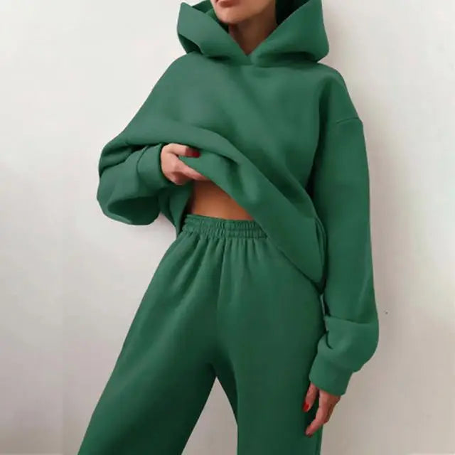 Two Piece Pant Sets Women Solid Thick Sweatshirts Hooded Full Sleeve Elastic Waist Spliced Long Pants Pockets Casual Suits