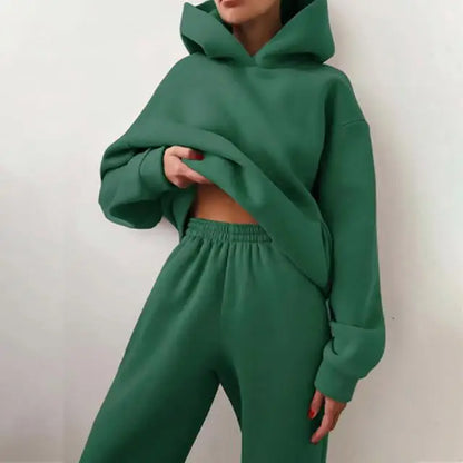 Two Piece Pant Sets Women Solid Thick Sweatshirts Hooded Full Sleeve Elastic Waist Spliced Long Pants Pockets Casual Suits