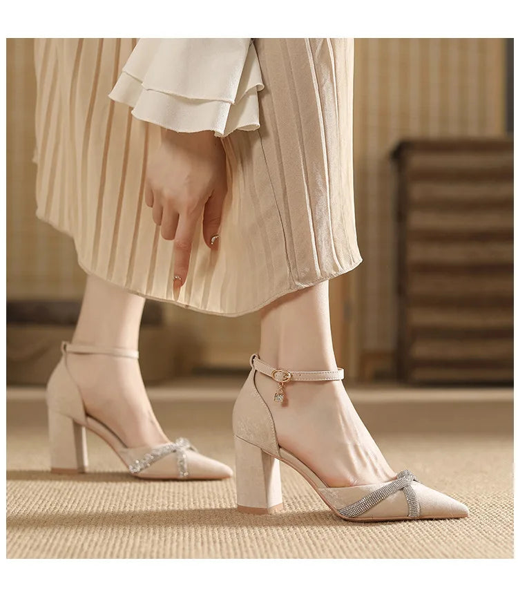 Size 30-44 Chunky Heel Hollow Point Toe High Heels Women Shoes Solid Color Ankle Strap Rhinestone Black Heels