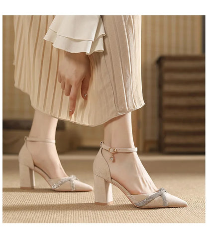 Size 30-44 Chunky Heel Hollow Point Toe High Heels Women Shoes Solid Color Ankle Strap Rhinestone Black Heels