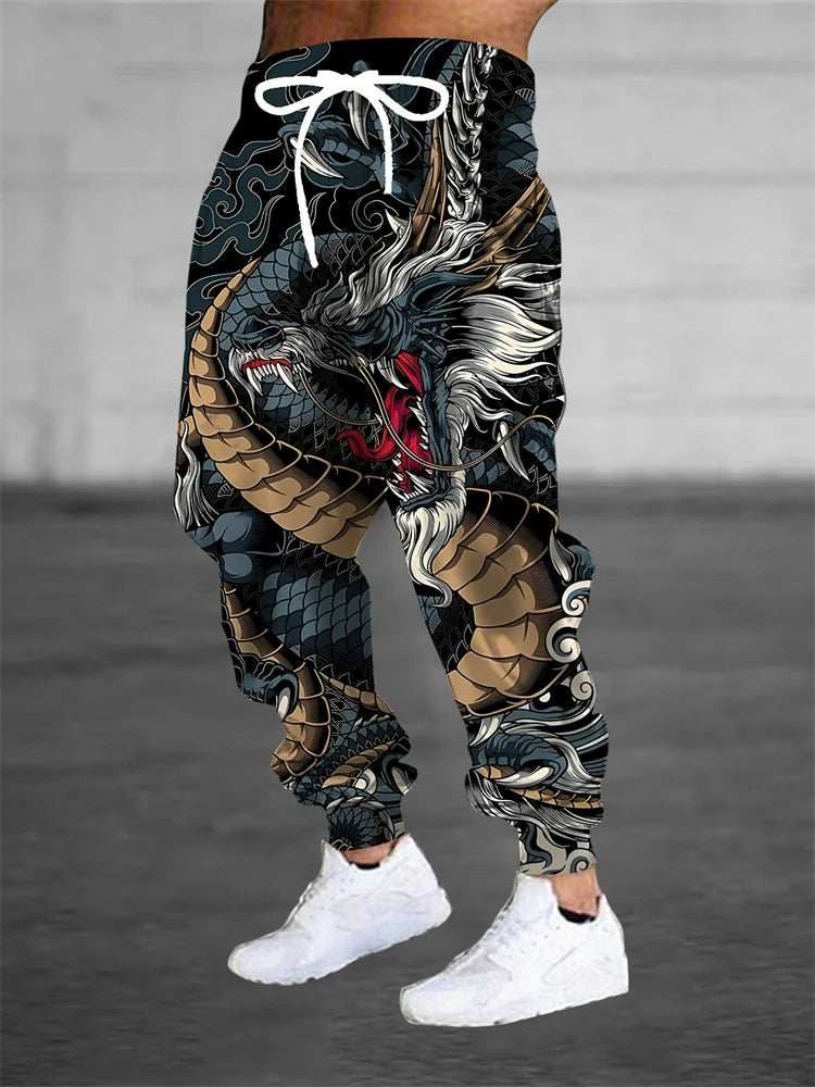 New Men's 3D Dragon Print Jogging Drawstring Pocket Casual Sportswear Pants Fashionable Men's Loose And Elastic Casual Pants