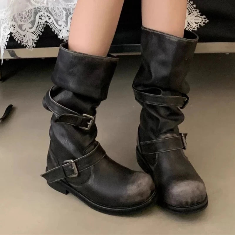 Women's Long Boots Fashion Dress Flats Shoes for Woman Designer Winter Motorcycle Boots 2025 Goth Chelsea Botas De Mujer Shoes