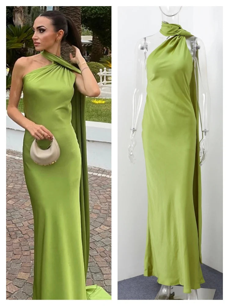 Ribbon Satin Long Party Dress Women Elegant Solid Sleeveless Female Backless Dresses 2026 Summer Autumn Lady Evening Club Gowns