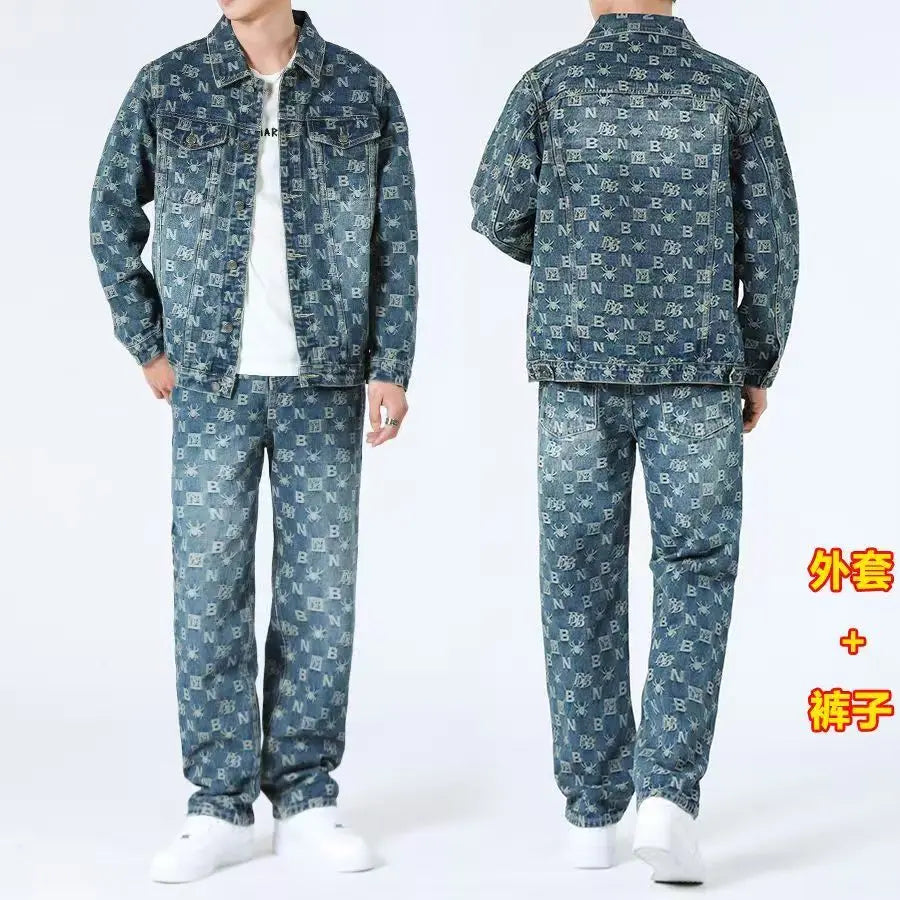 High Street Denim Sets Men's Jacquard Ragged Loose Casual Retro Washed Denim Shirt Style Jacket Jeans Pants