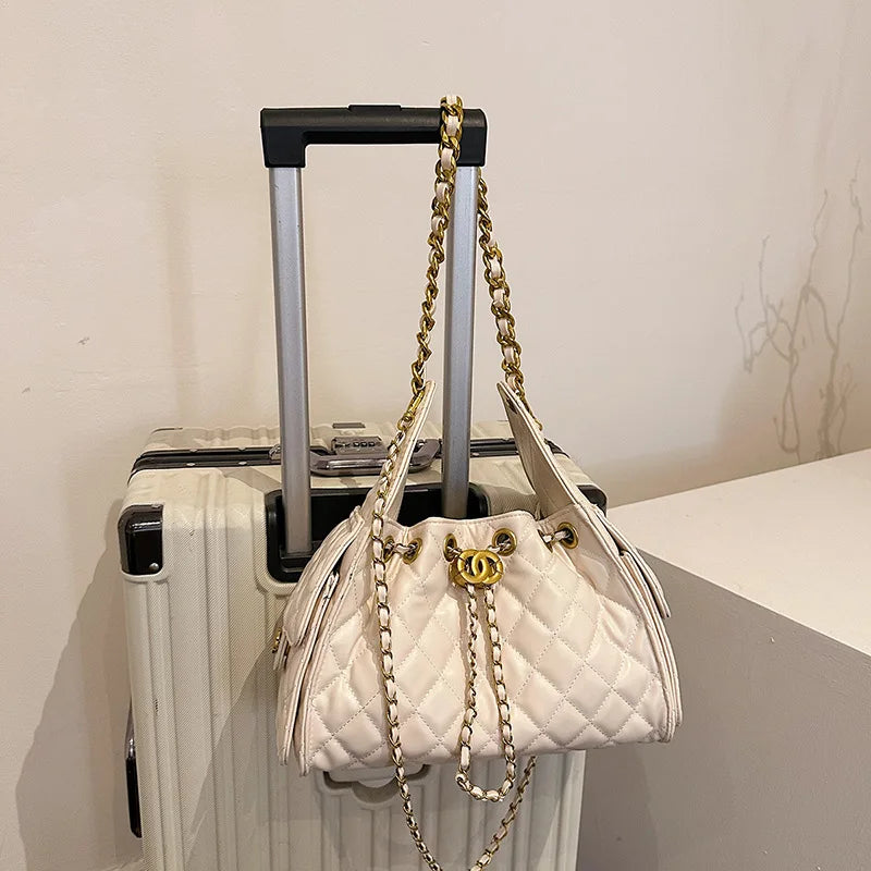 Quilted shoulder underarm bag, large-capacity hobo bag, bucket drawstring chain crossbody bag, women's handbag
