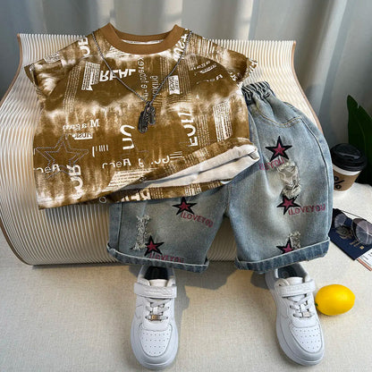 Hot Sale Fashion Baby Boy Suit Summer Clothes Short Sleeve T-shirt Short Jeans 2 Piece Set Kids Outfit 2-11Y Children's Costume