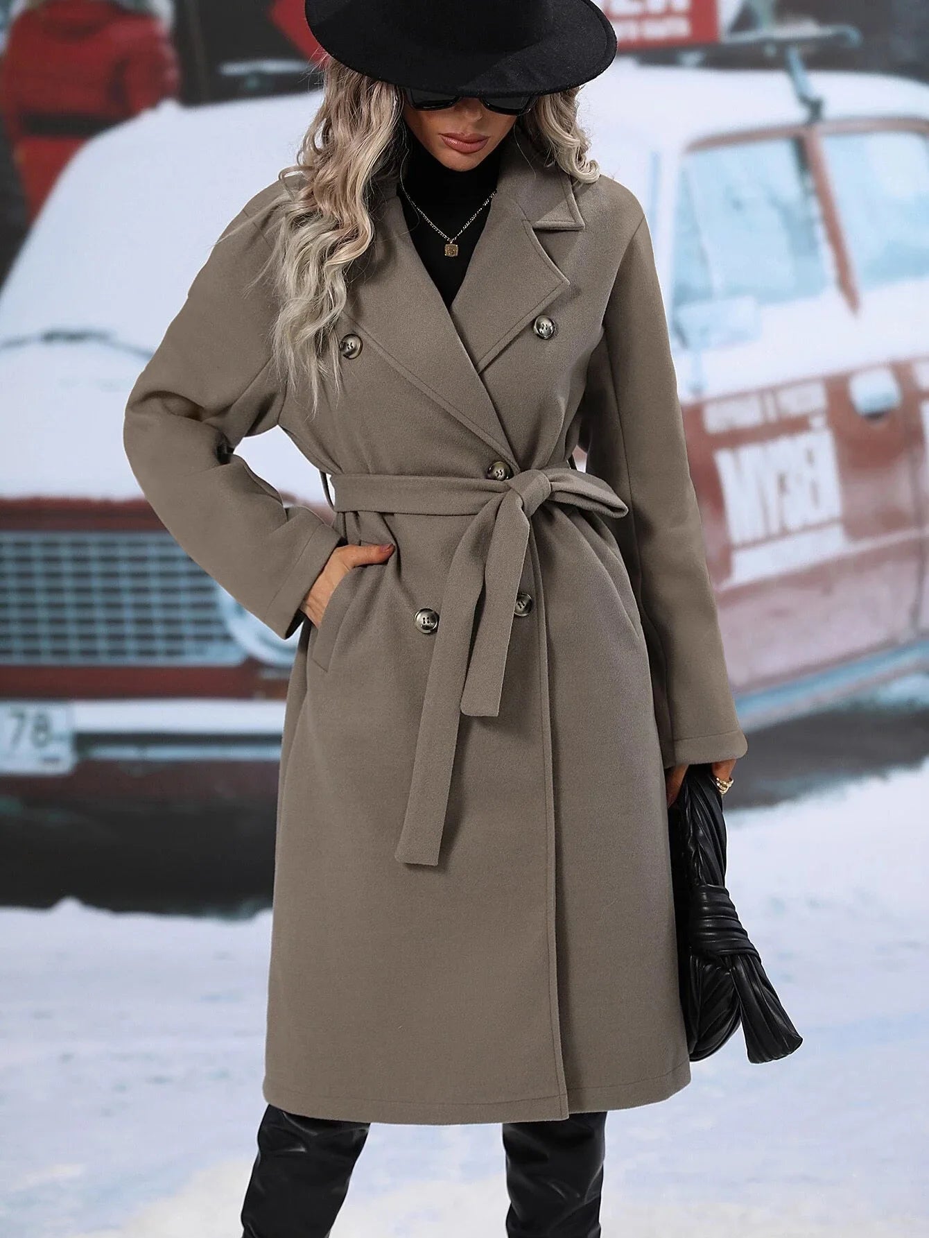 Women Turn Down Collar Thick Midi Length Wool Coat Pockets Casual Full Sleeve Double Breasted Blends Coats 2025 Autumn Winter