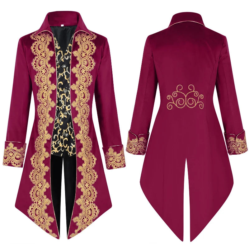 2025 New Blue Lace Tuxedo for Men, Euro- American Medieval Vintage Men's Tailcoat Jacket,medium Length Punk Performance Costume