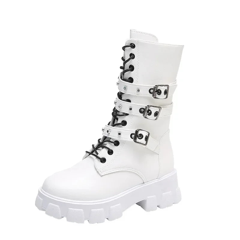 WOMEN BOOTS Goth Boots Woman Winter 2025 Platform Shoes Sneakers Studded Belt Buckle Punk  Chunky Heels Mid Calf Boots