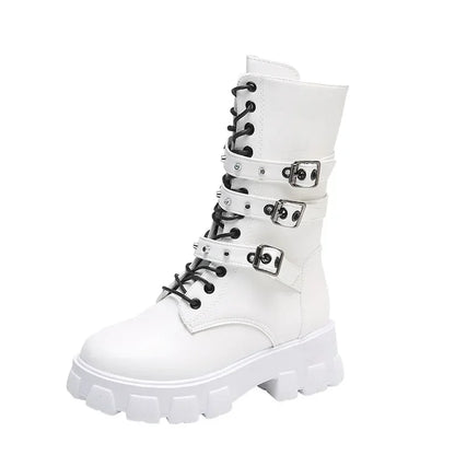 WOMEN BOOTS Goth Boots Woman Winter 2025 Platform Shoes Sneakers Studded Belt Buckle Punk  Chunky Heels Mid Calf Boots