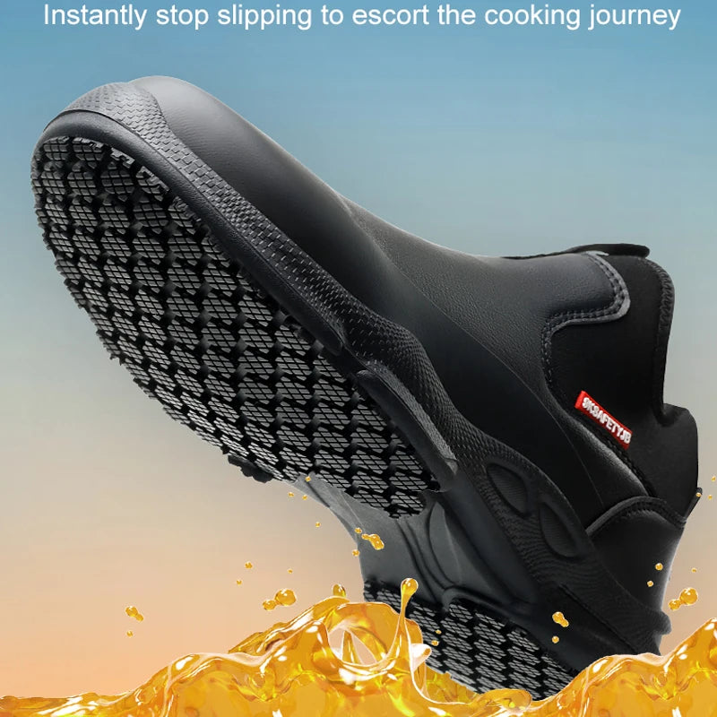 Fashionable men's leather shoes Waterproof and anti slip chef shoes Wear resistant men's casual shoes oil resistance Chef's boot