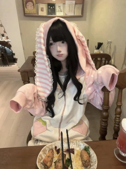 Aoaiiys Japanese Hoodies Women Kawaii Rabbit's Ears Loose Outerwear Strawberry Dot Print Aesthetic Sweatshirt Autumn Winter New