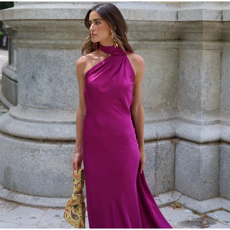 Sexy Satin Ribbon Party Dress Women Elegant Halter Backless Off Shoulder Sleeveless Female Dresses 2024 Summer Solid Robe Gown