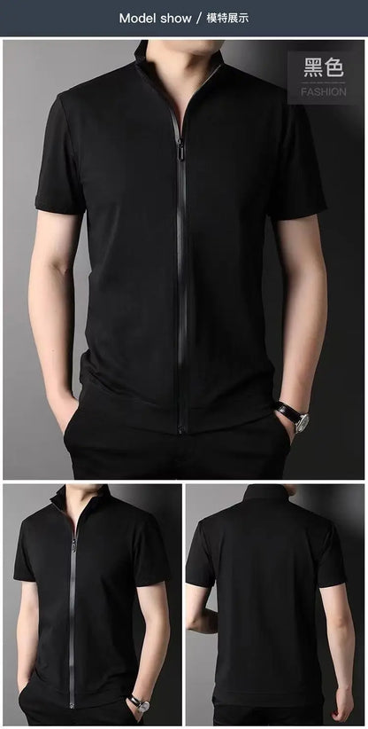 2023 Men Summer Trend Stand Collar Zipper Cardigan Shirts Solid Short Sleeve Comfortable Business Casual Top Ropa Hombre Camisas