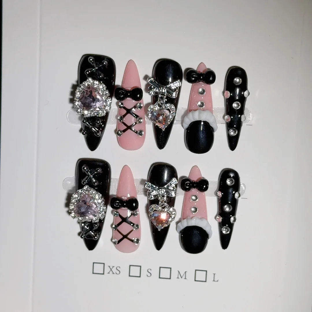 10Pcs Handmade Nails Set Press on Long Almond False Nail with Rhinestone Pink Camellia Design Reusable Full Cover Fake Nail Tips