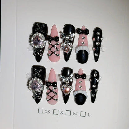 10Pcs Handmade Nails Set Press on Long Almond False Nail with Rhinestone Pink Camellia Design Reusable Full Cover Fake Nail Tips