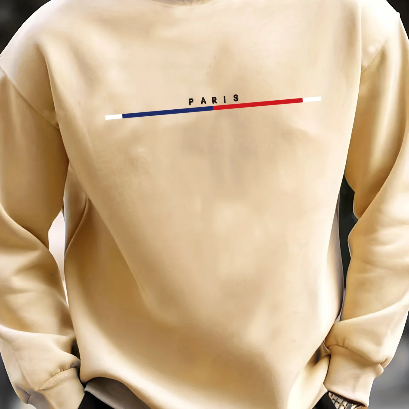 Men's autumn and winter casual sports loose oversized Paris print with fleece warm pullover round neck long sleeved sweatshirt