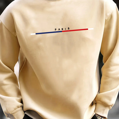 Men's autumn and winter casual sports loose oversized Paris print with fleece warm pullover round neck long sleeved sweatshirt