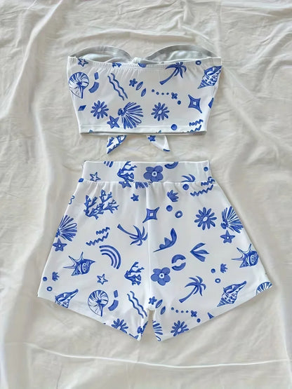Women's summer casual beach vacation style twisted front top and shorts two-piece set