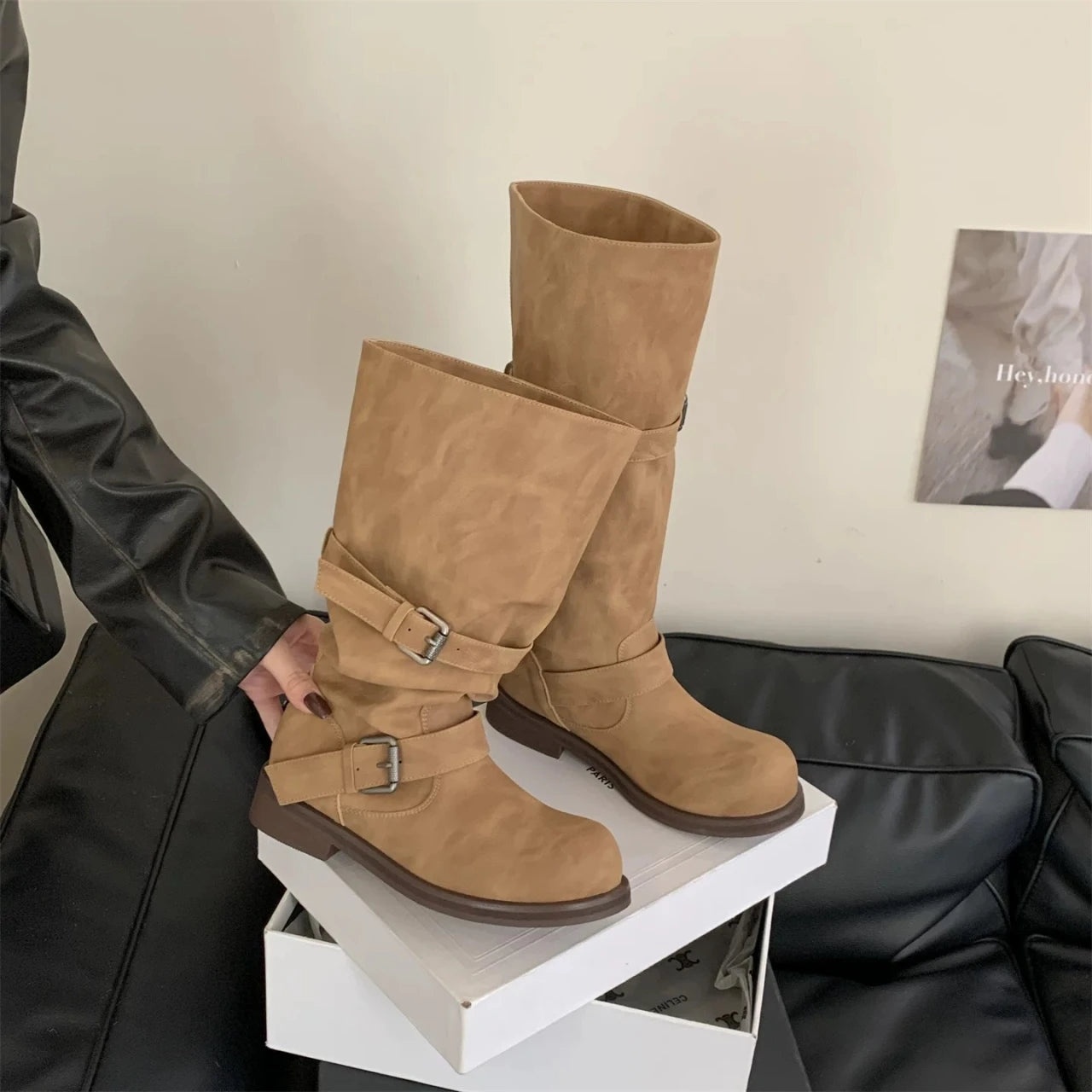 Women's Long Boots Fashion Dress Flats Shoes for Woman Designer Winter Motorcycle Boots 2025 Goth Chelsea Botas De Mujer Shoes