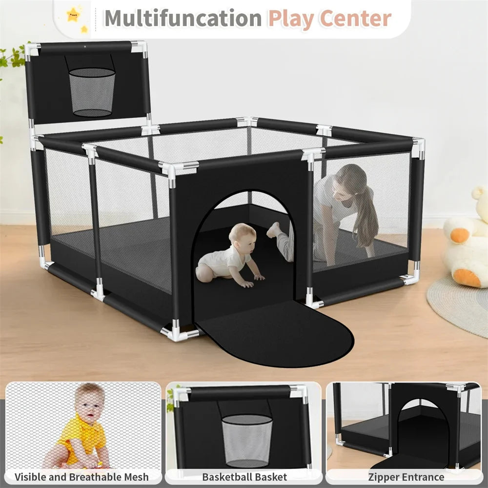 ANGDUO Baby Playpen 50 inch Baby Playard with Basketball Hoop and Breathable Mesh Baby Fence Game Center for Boy and Girls Black