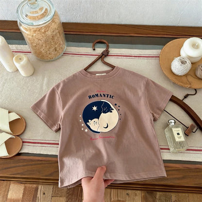 Summer Clothes Short Sleeve Tops Tees Printed Fashion Children's T-shirts Loose Casual Girls Boys Crewneck Casual T Shirt 1-7age