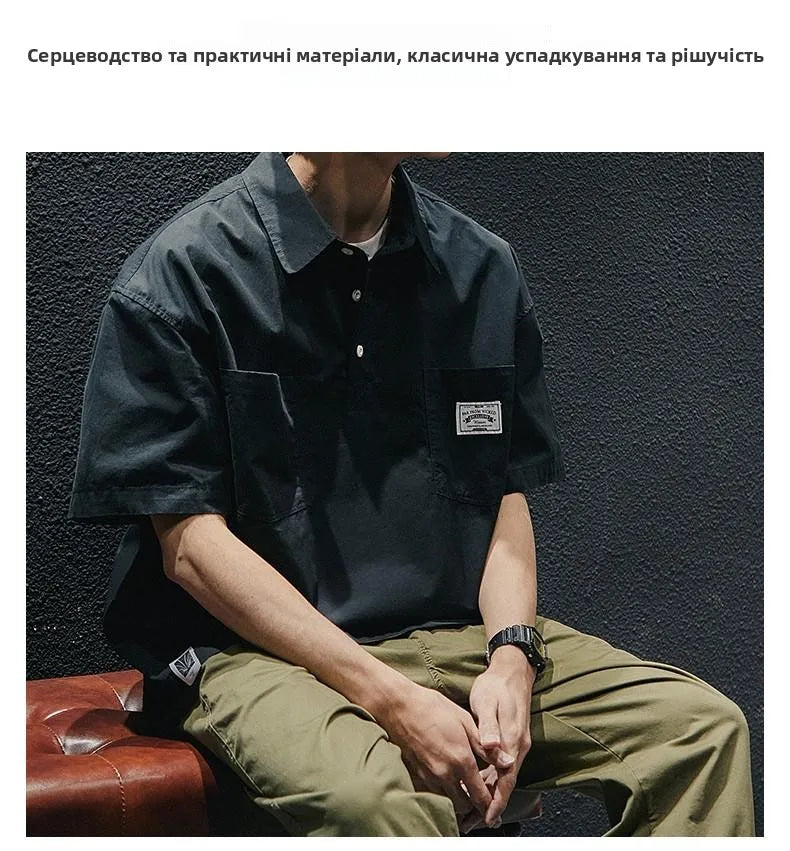 American Retro Men's  irt Summer Loose Workwear ort Sve T-irt Simple Sle Youth Trend ket Design Flat Iron