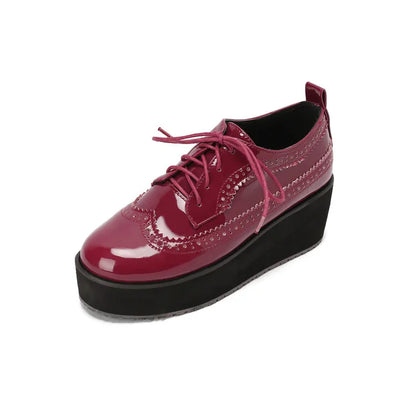 Ochanmeb Big Size 48 Women Patent Leather Brogues High Heels Derby Shoes Platforms Laser Cutout Oxfords Fashion Ladies Pumps Red