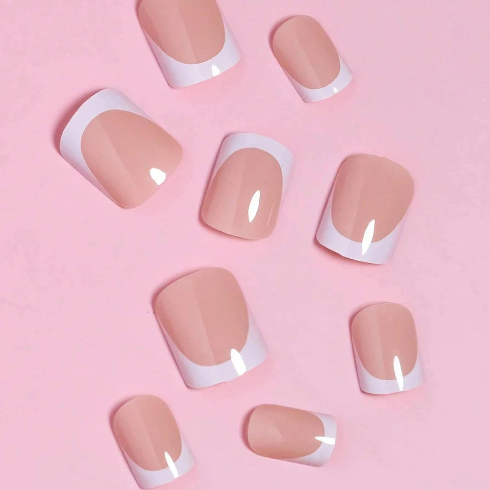 ARTAUG 24PCS Short Press On Nails Square Pink Fingertip White French Trim Press On Nails Full Cover Fake Nails Set Nail