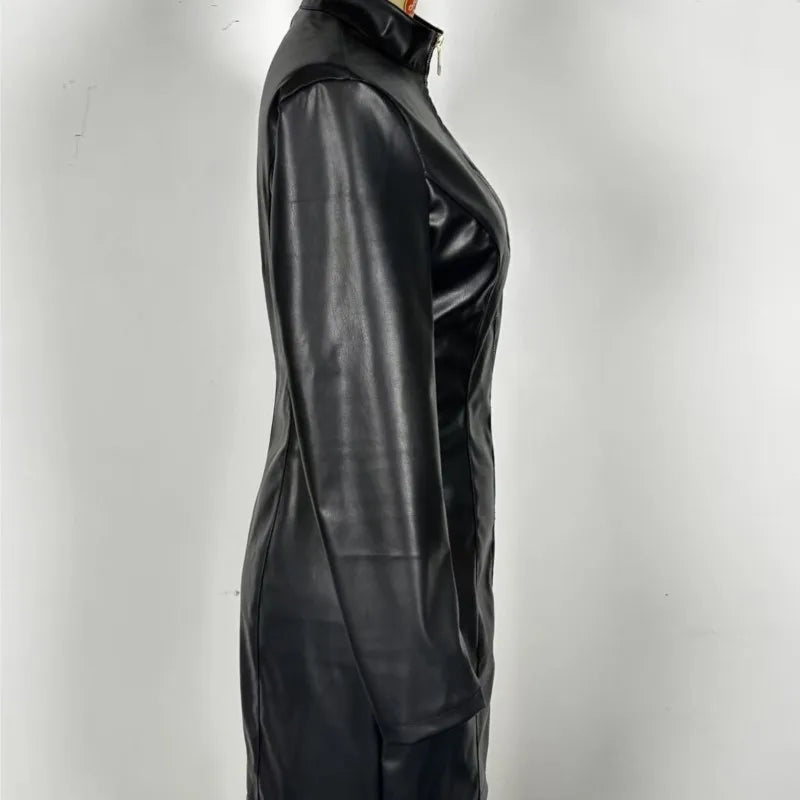 Glossy PU Leather Sexy Fashionable Zipper Dress Slim Fit Long Sleeved Leather Frock With Buttocks Wrapped Vestidos Para Mujer