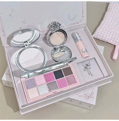 NICEKEY Pink Ballet Makeup Box Include 1*Lip mud,1*Pressed Powder,1*Highlight Powder,1*Eyeshadow Palette Powder With Necklace