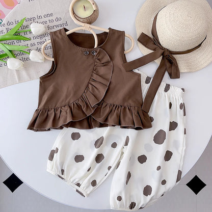 Bear Leader Girls' Set 2026 New Summer Solid Ruffled Top+Polka Dot Pants Set Fashion Baby Set Girl Baby Casual Sleeveless Set