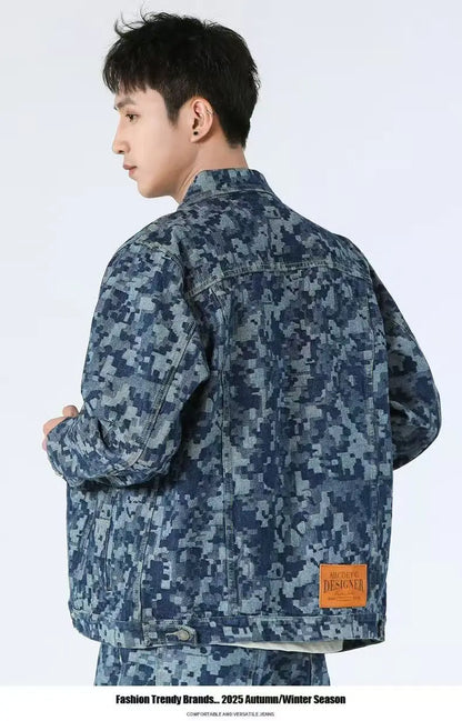 High Street Denim Sets Men's Jacquard Ragged Loose Casual Retro Washed Denim Shirt Style Jacket Jeans Pants